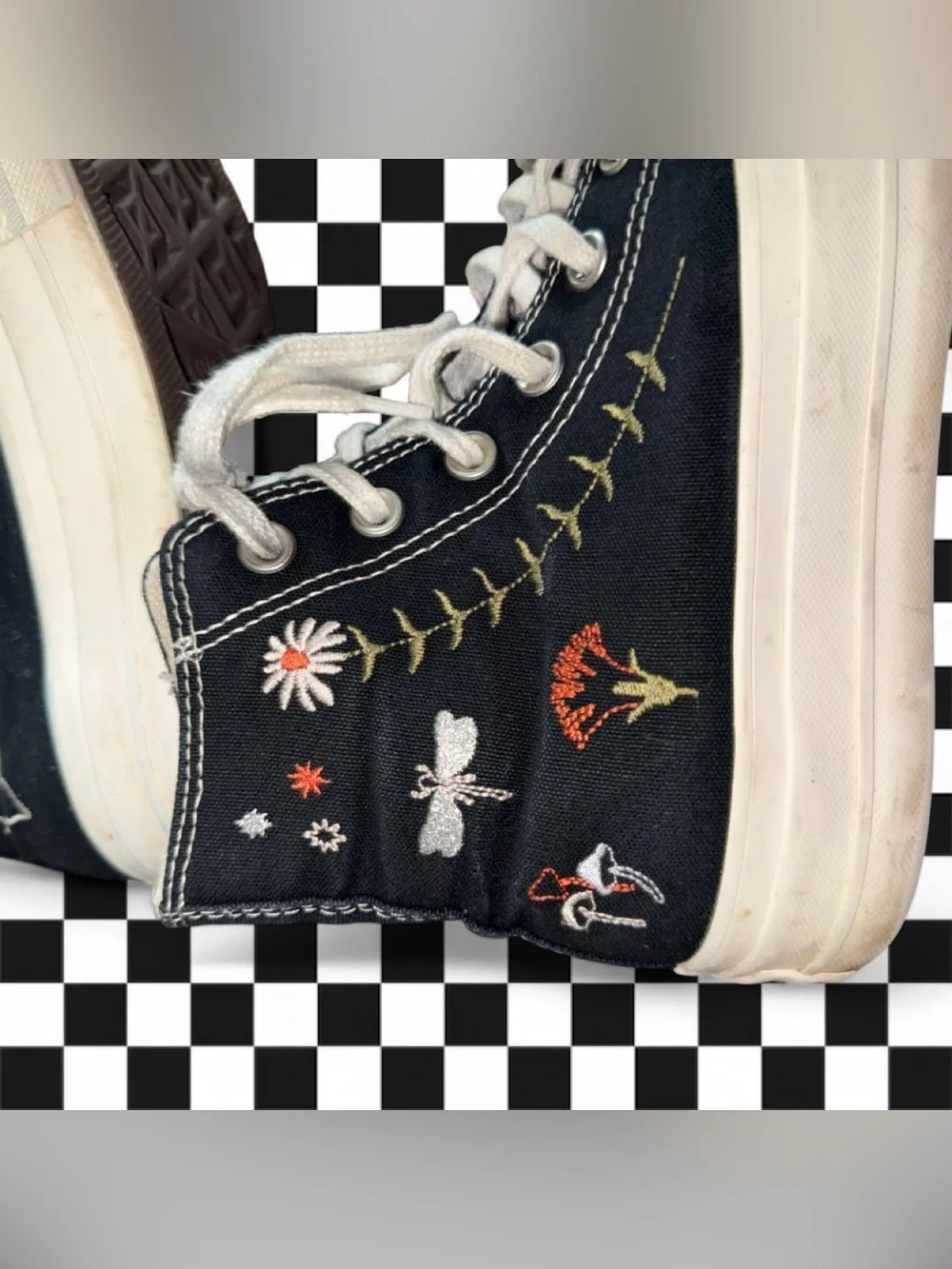 Converse Black High Top Sneakers with Multicolor Floral  Embroidered Details